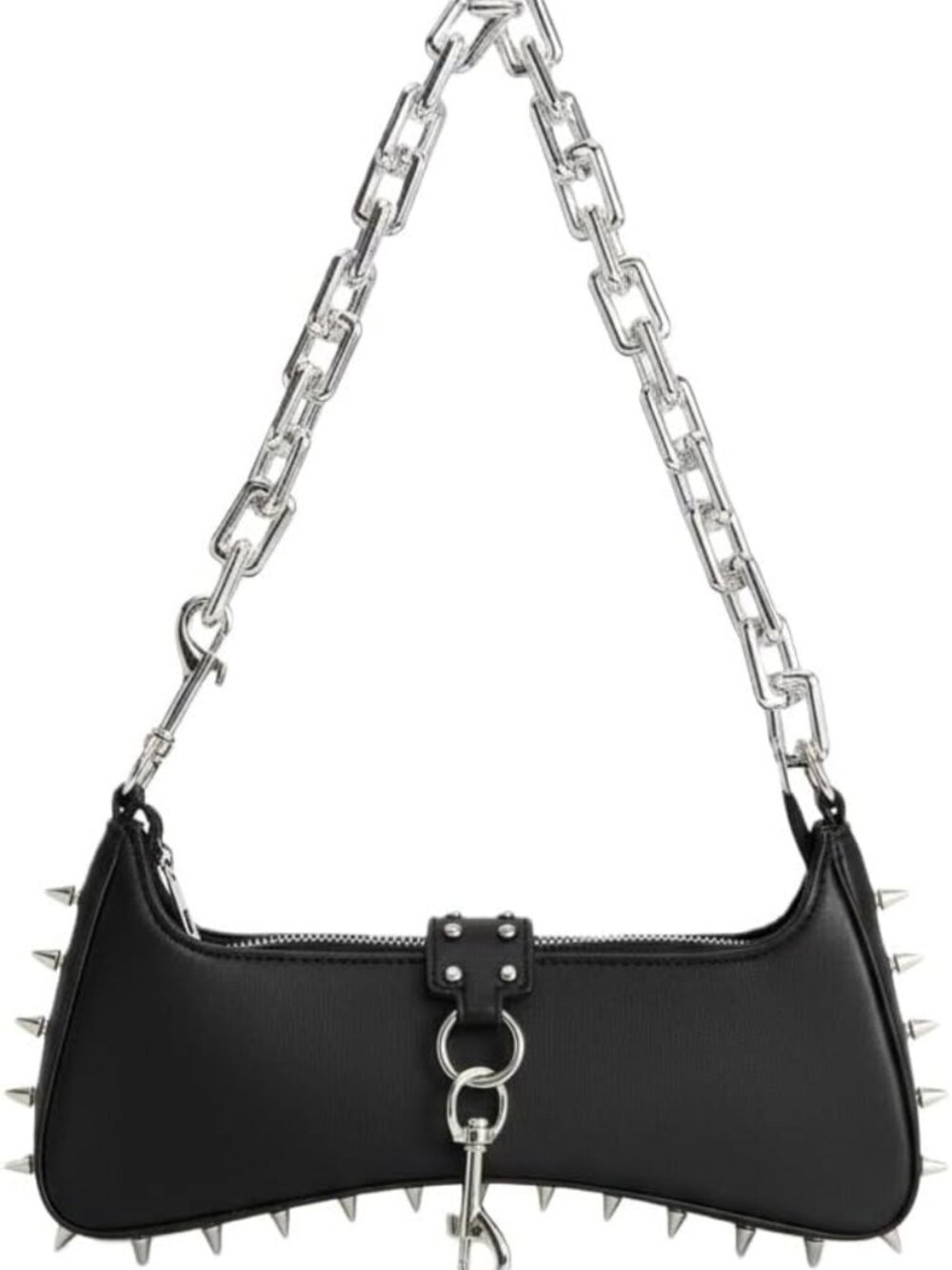 Gothic Punk Leather Handbag with Silver Chain, Spiked Studs, Fashion Shoulder